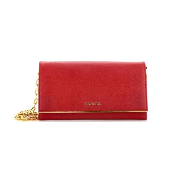 Prada Red Saffiano Leather Full Metal Flap Bar Wallet Clutch with Gold Chain